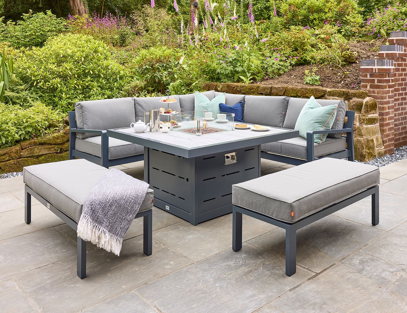 Fire Pit Table Garden Set with Corner Sofa and Two Large Benches
