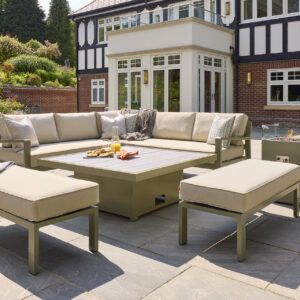 Dual Height Square Table with Corner Sofa and Two Large Benches