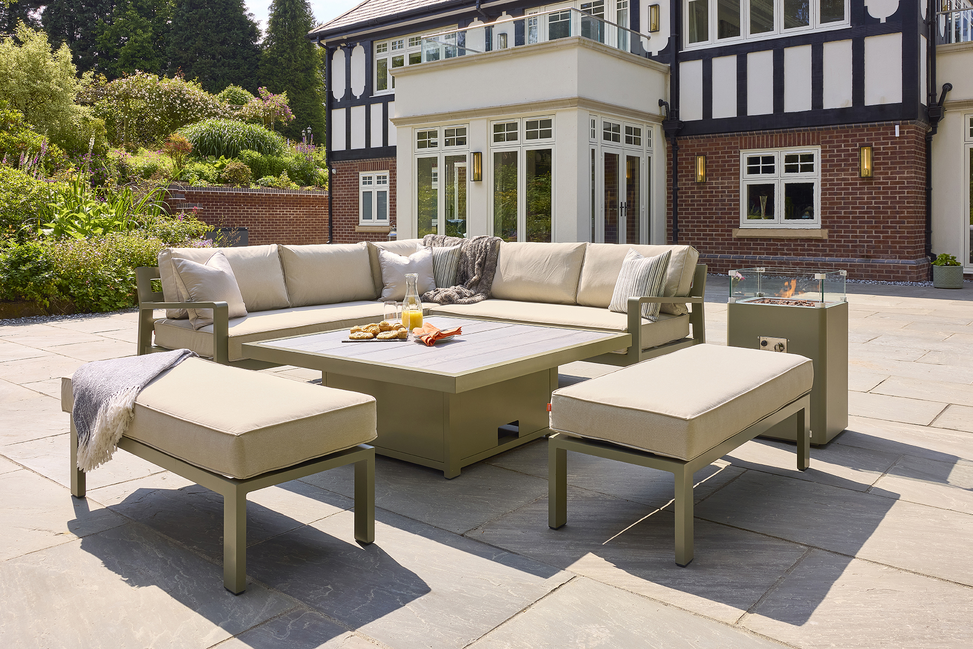 Dual Height Square Table with Corner Sofa and Two Large Benches