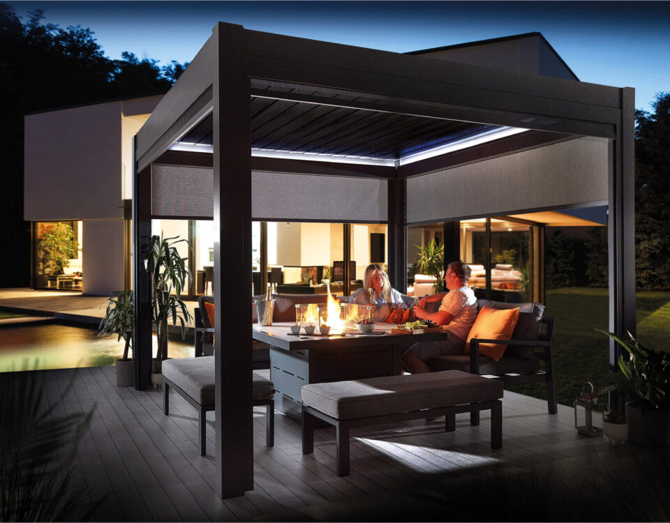 fire pit table, luxury garden furniture, pergola