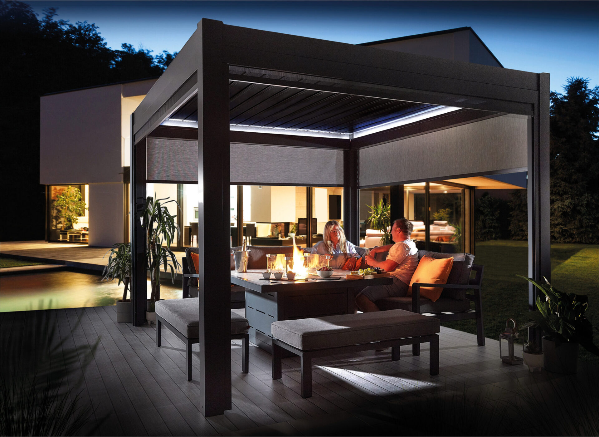 fire pit table, luxury garden furniture, pergola